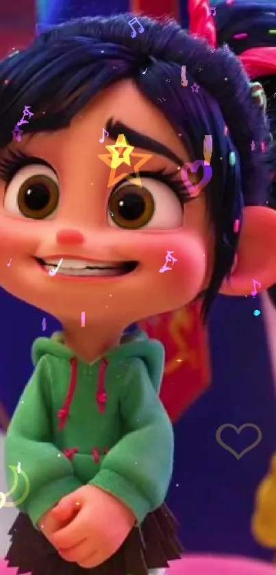 A colorful animated character smiling in a playful scene.