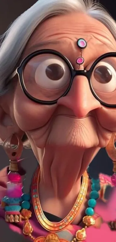 Elderly animated character with glasses and colorful jewels in a vibrant digital art style.