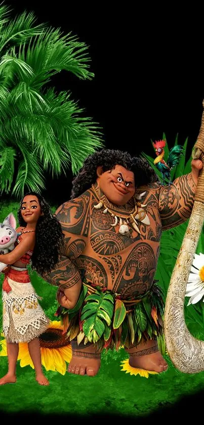 Vibrant animated characters in a tropical jungle setting with green foliage.