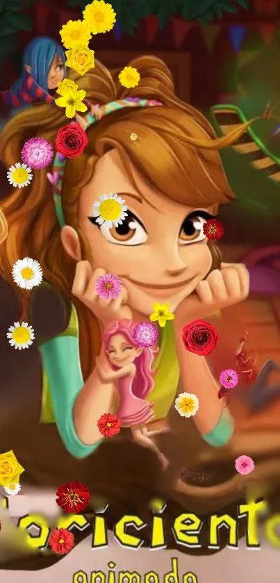 Colorful animated wallpaper with fairy tale characters and flowers.