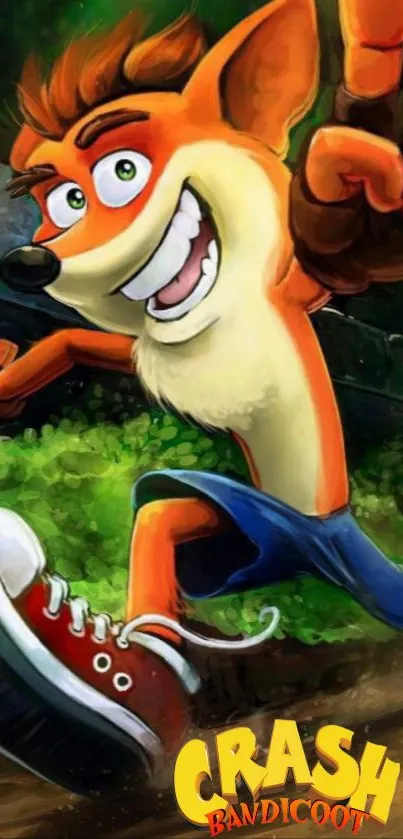 Energetic animated game character in action on a vibrant wallpaper.