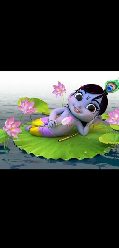 Animated character on lotus leaf with pink flowers in water.