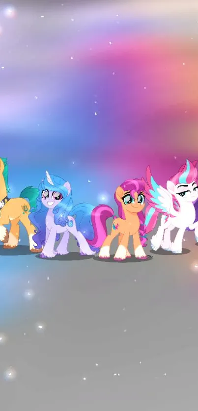 Vibrant animated ponies in colorful background.