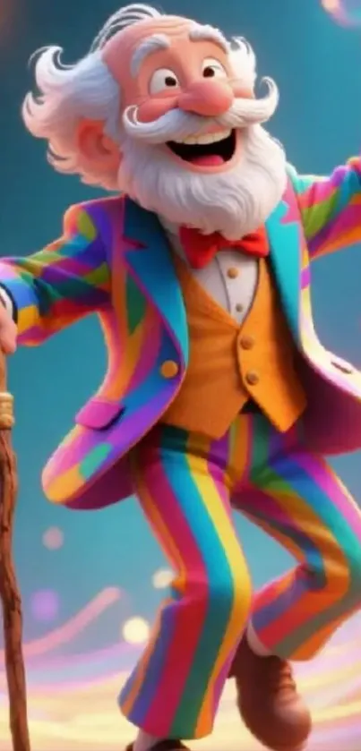 Colorful animated wizard in a rainbow suit with a magical backdrop.