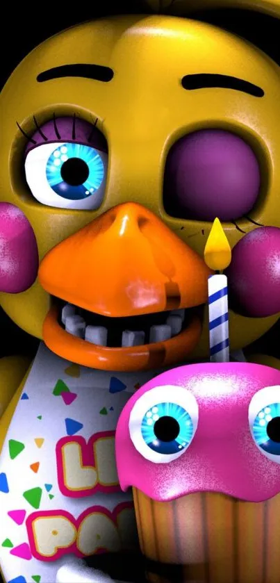 Yellow animatronic character with colorful cupcake on black background.