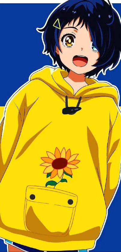 Anime character in yellow hoodie with blue background.