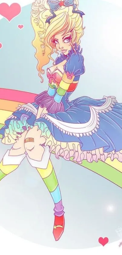 Anime character on a rainbow with colorful attire.