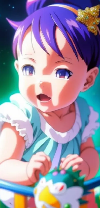 Anime baby with purple hair, vibrant background.