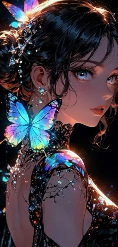 Anime character with glowing butterflies in colorful dark art.