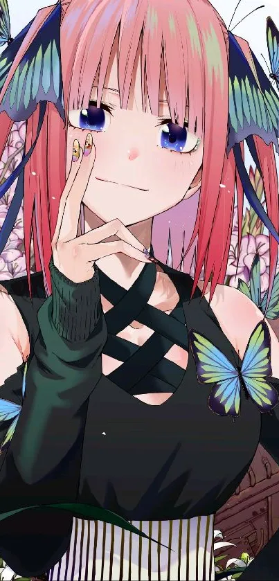 Anime girl with butterflies in a vibrant setting.