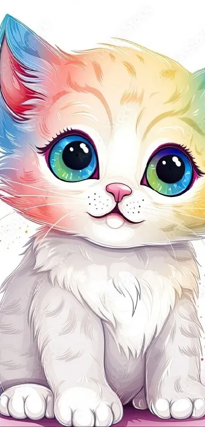 Colorful anime cat with rainbow fur and big eyes.