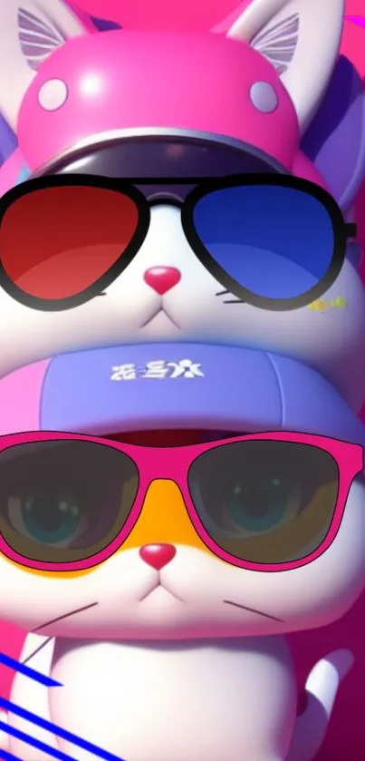 Vibrant anime cat with sunglasses on pink background.