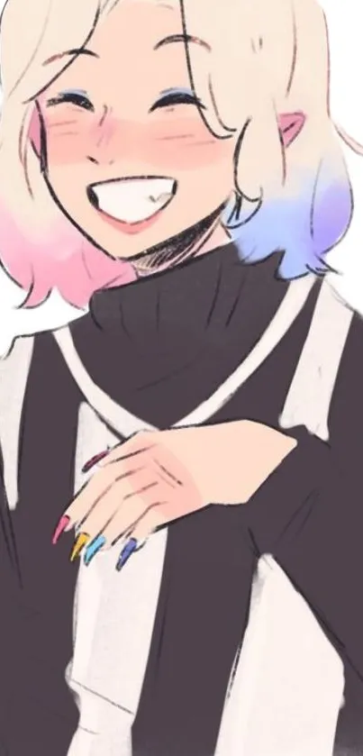 Anime character with colorful hair and nails, smiling brightly.