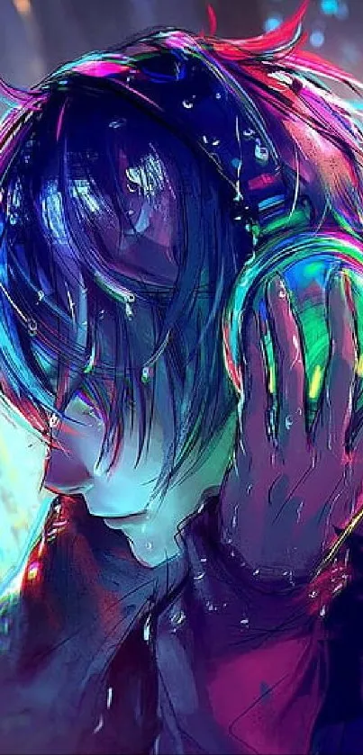 Anime character with colorful headphones listens to music amid vibrant lights.