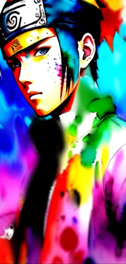 Vibrant anime character art with splashes of colorful paint on a blue background.