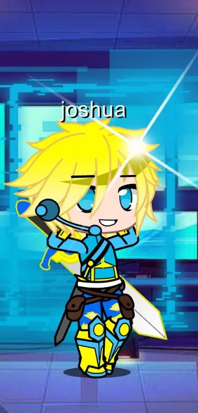 Vibrant anime character in blue and yellow with dynamic digital background.