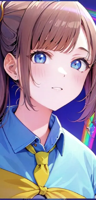 Anime character with blue eyes and rainbow background on a blue wallpaper.