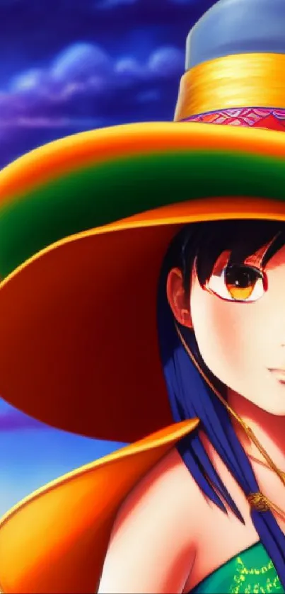 Anime character in a colorful wide-brimmed hat against a vibrant sky.