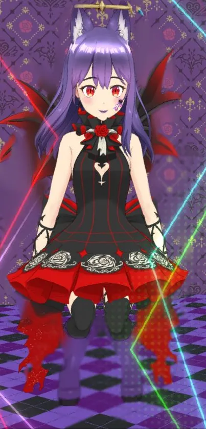 Colorful anime character with purple and red hues in vibrant fantasy setting.