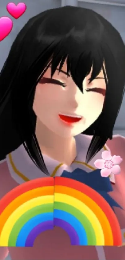 Cheerful anime character with rainbow and hearts on wallpaper