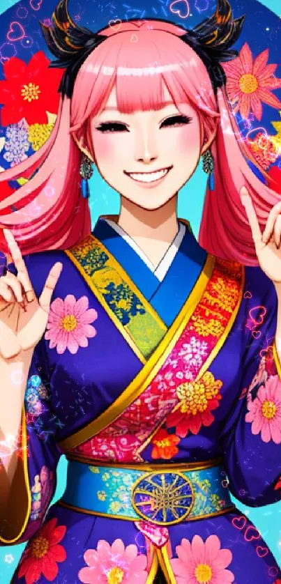 Cheerful anime character in floral kimono with vibrant colors on a phone wallpaper.
