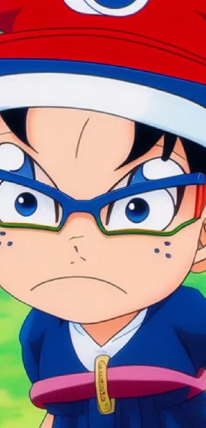 Anime character in vibrant colors with expressive face and unique style.