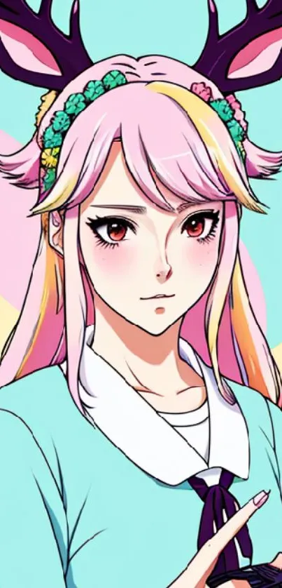 Vibrant anime character with antlers and pastel colors.