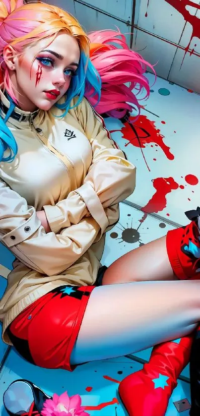 Anime character with colorful hair and bold attire in vibrant art style.