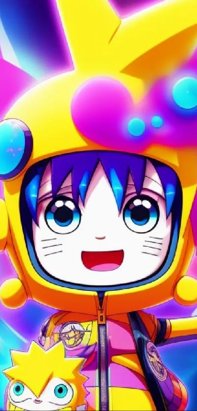 Anime character in bright colorful costume with vibrant background.