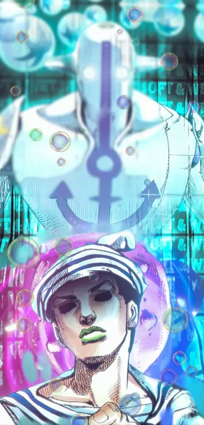 Colorful anime character with bubbles and a nautical theme.