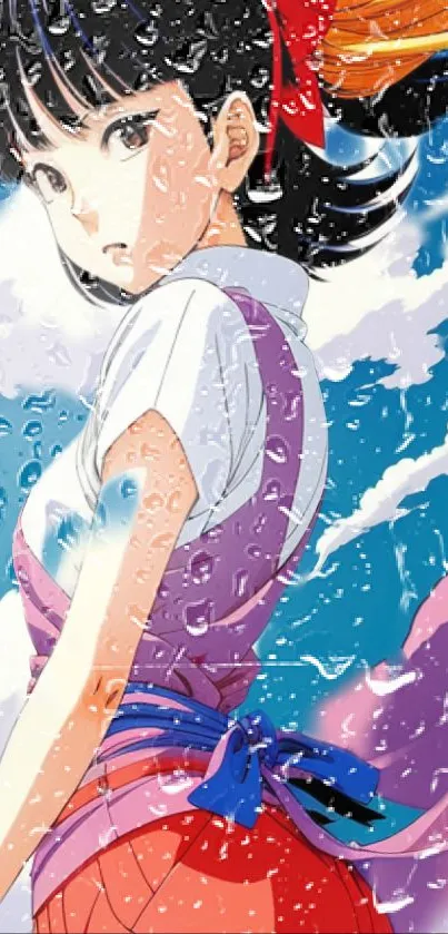 Anime character with colorful dress and raindrops against a blue sky.