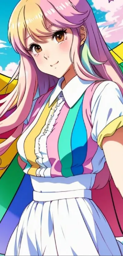 Vibrant anime character with rainbow background and clear sky.