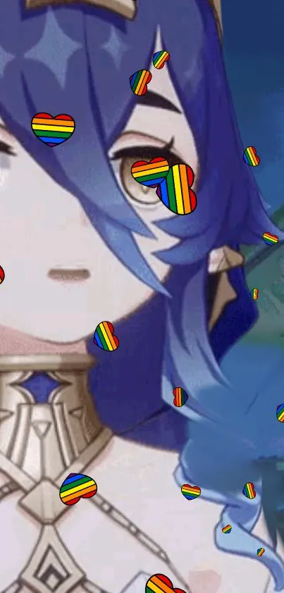 Anime character with blue hair and rainbow hearts in the background.