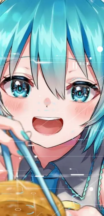 Anime character with blue hair and eyes, featuring vibrant colors and joyful expression.