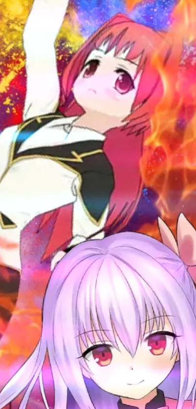 Colorful anime characters with vibrant flames.
