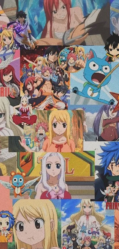 Colorful anime character collage on mobile wallpaper.