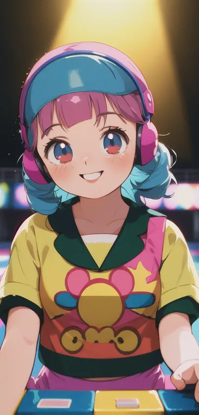 Vibrant anime DJ with headphones in colorful light.