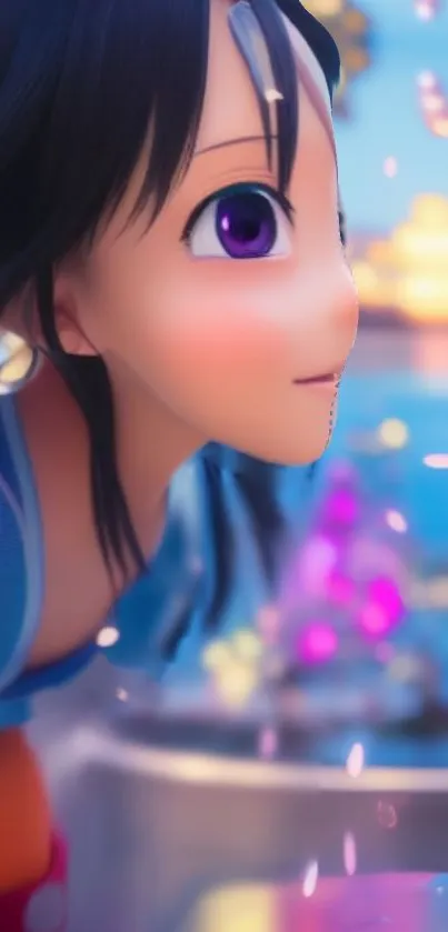 Anime character in a colorful dreamscape with enchanting lights and vibrant colors.