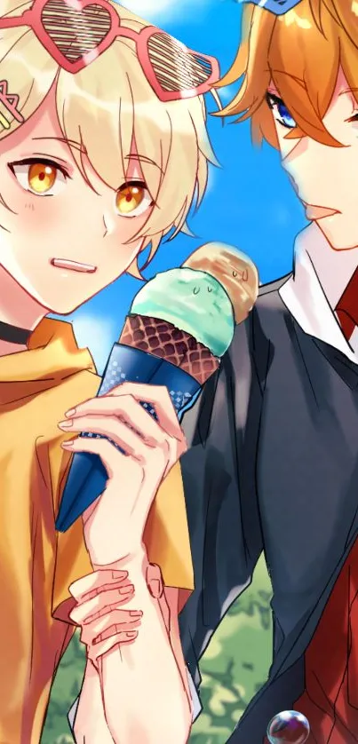 Anime duo enjoying ice cream under clear blue sky.