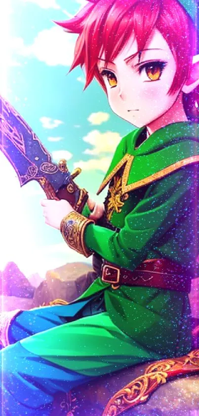 Anime elf warrior with red hair and green attire on a vibrant background.