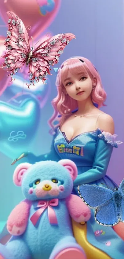 Anime style pink-haired girl with plush bear and butterflies in colorful fantasy.