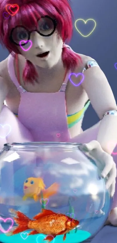 Anime character with pink hair looks at goldfish bowl with colorful heart patterns.
