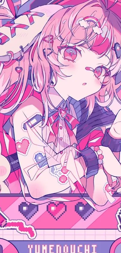 Vibrant anime girl with colorful pink theme.