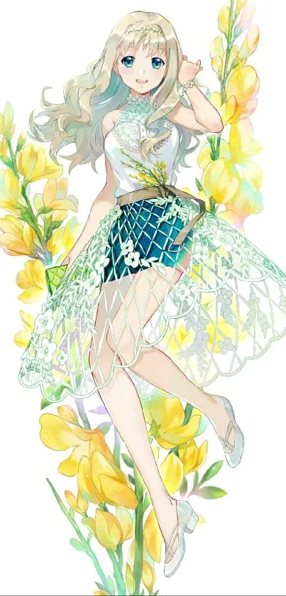 Anime girl surrounded by vibrant yellow flowers.