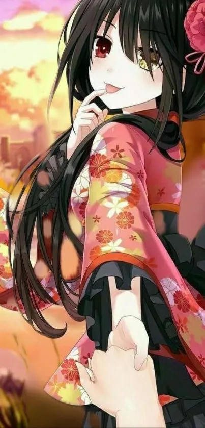 Anime girl in floral kimono with vibrant colors.