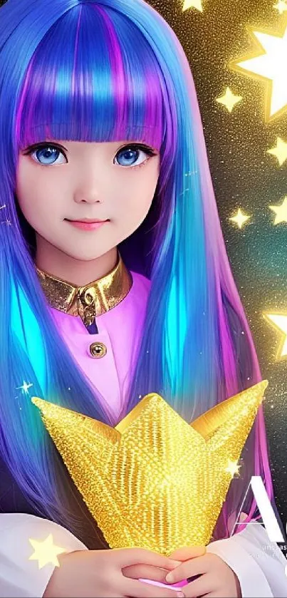 Vibrant anime girl with neon hair and glowing stars.