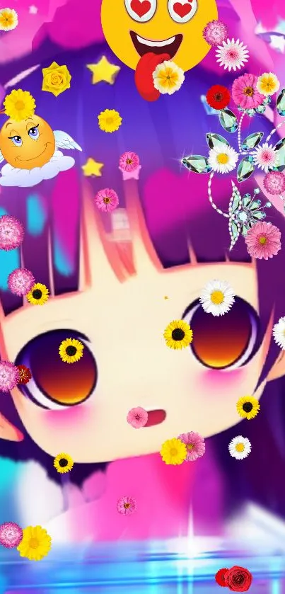 Vibrant anime girl with flowers and emoticons in colorful background.