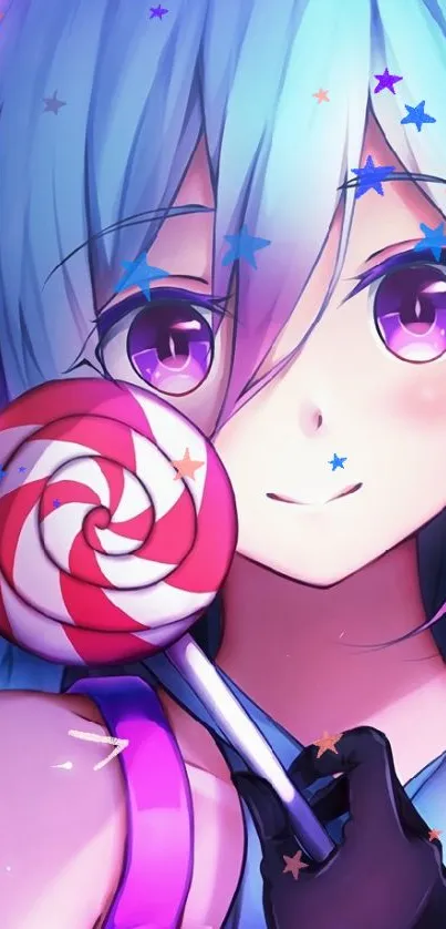 Anime girl with blue hair and a lollipop.