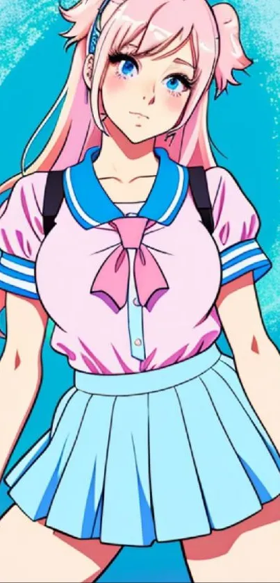 Anime girl with pastel colors and vibrant design, wearing pink and blue outfit.