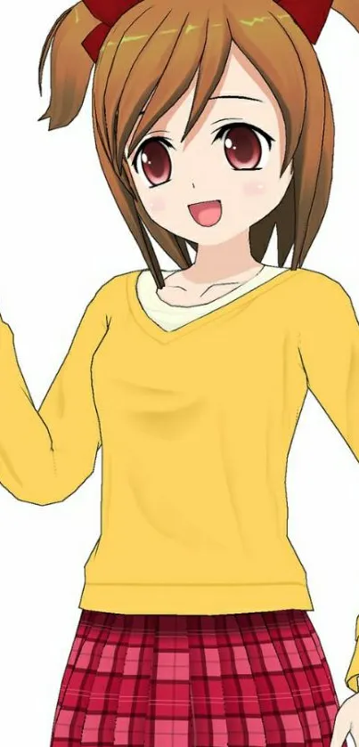 Cute anime girl with yellow top and red skirt on white background.